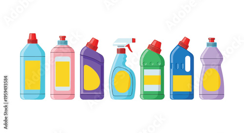 Collection of colorful household cleaning product bottles represented as a flat vector graphic illustration