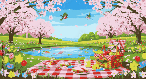 A vibrant spring picnic scene with a red and white checkered blanket, food, and a basket beside a serene pond surrounded by blooming cherry blossom trees and colorful flowers under a blue