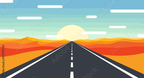 Flat Vector Illustration of a Straight Road Through Desert Dunes at Sunset, Concept of Journey and Future Goals