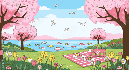Illustration of a serene outdoor picnic setting with pink cherry blossom trees, colorful flowers, and a lake in the background under a blue sky with white clouds.