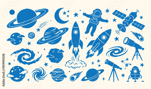 Blue space exploration astronaut icons, cosmic galaxy universe adventure doodle, rocket ship moon landing set, planetary science astronomy education vector, star gazing deep space discovery, extraterr