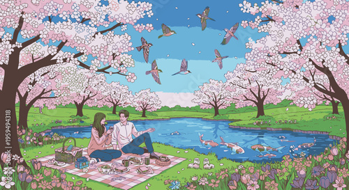 Couple having a romantic picnic on a blanket under blooming cherry blossom trees by a serene river with a clear blue sky and flying birds.