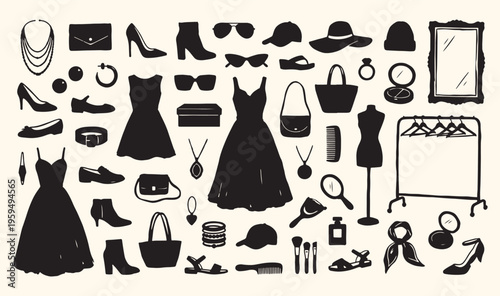 Women fashion clothing shopping silhouette, retail boutique apparel accessories icons, stylish dress handbag shoes set, beauty products cosmetics lifestyle vector, summer fashion trends collection art