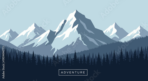Minimalist Mountain Landscape Illustration with Pine Forest and Snow Peaks - Adventure Concept Vector Art
