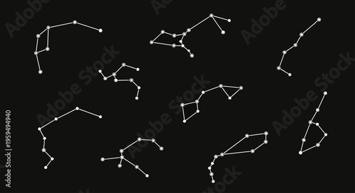 Multiple minimalist white constellation graphics on a black background