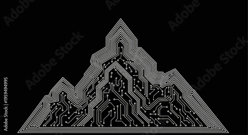 Mountain peak formed by intricate white circuitry on a black background