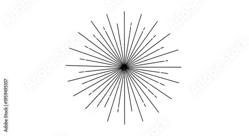 Radial burst of black lines with dashed accents against white