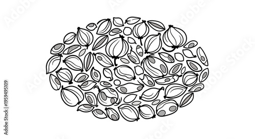 Abstract illustration of numerous oval-shaped seeds with a central vein and grey inner shading