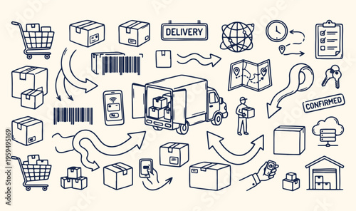 Global logistics shipping delivery doodle, supply chain management transport icons, e-commerce parcel tracking service set, freight forwarding international trade vector, courier service warehouse sto