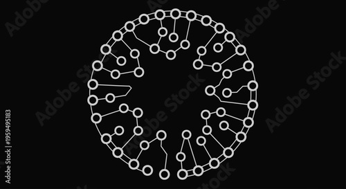 Abstract circular network of white nodes and lines on a black background