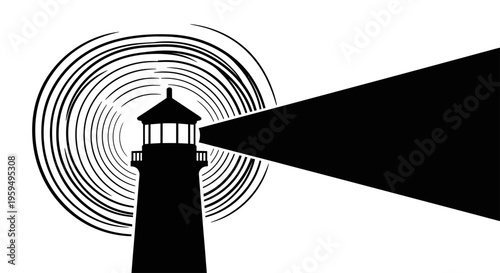 Stylized silhouette of a lighthouse emitting a beam of light and concentric circles
