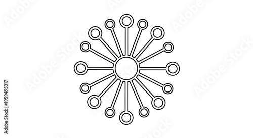 Circular emblem with radiating lines and circles at the ends on a white background