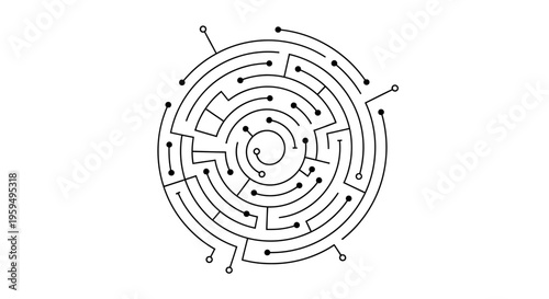 Circular maze with black lines, dots, and white circles on a white background