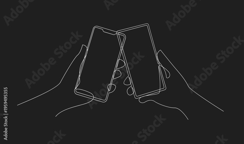Continuous Line Art: Two Hands Holding Smartphones Touching, Digital Connection