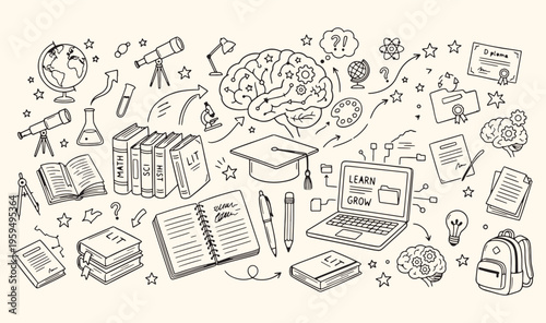 Education knowledge online learning doodle, academic study research university icons, e-learning digital school education set, brainstorming creative thinking brain art, library books student life vec