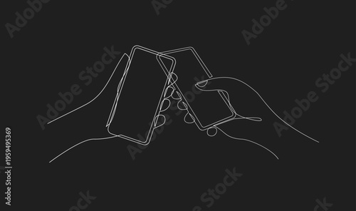 Continuous line art of two hands holding smartphones about to connect or touch on a black background, symbolizing digital communication and sharing.