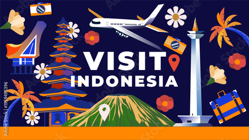Indonesia travel poster with Monas landmark, Balinese temple, airplane and tropical elements illustration