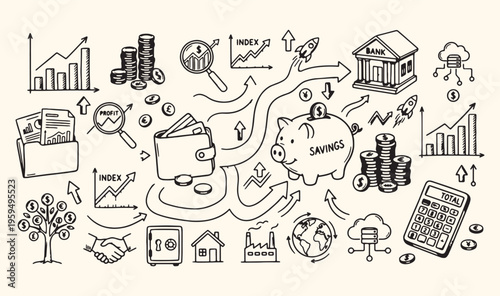 Business growth financial management doodle, investment strategy money savings icons, market analysis data statistics set, corporate success global economy vector, wealth creation banking finance illu