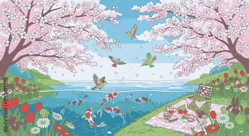 Illustration of a serene lakeside scene with pink cherry blossom trees, a picnic blanket, and vibrant wildflowers under a blue sky with flying birds and fish swimming in the water.