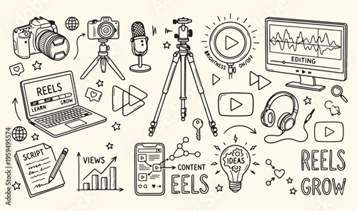 Social media marketing content creation, video production digital influence doodle, blogging vlogging streaming equipment icons, online audience engagement strategy set, podcasting microphone camera v