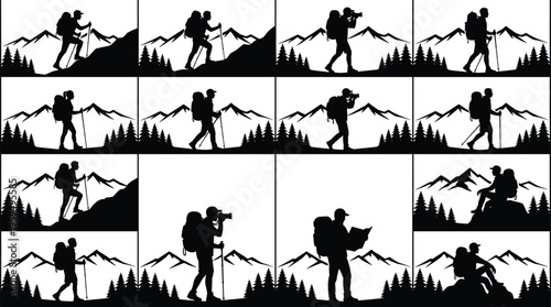 Black and white hiking silhouette vector illustration, outdoor explorers with backpacks, trekking poles, mountain forest scenery, adventure poses, wilderness activities, flat vector illustration