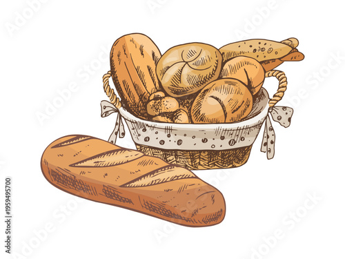 Hand drawn vintage sketch of bread basket with buns loaf and baguette with separate bread in brown color