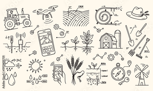 Smart agriculture drone farming technology, sustainable organic farm doodle set, rural countryside landscape illustration, agriculture crop growth cycle elements, modern farming equipment vector icons