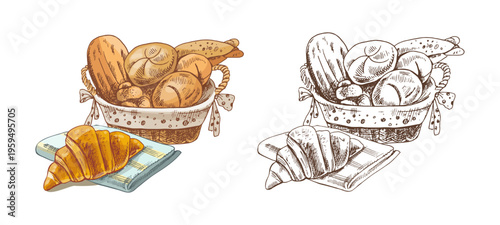 Hand drawn vintage sketch of bread basket with buns loaf baguette and croissant on napkin in color and monochrome