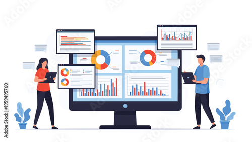 Creative team interacts with massive data dashboards on a giant computer screen for comprehensive business monitoring.