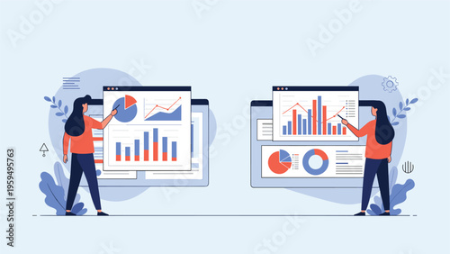 Two female professionals analyze complex data dashboards on large screens during a collaborative business presentation.