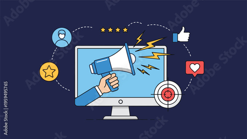 Powerful digital marketing and announcement concept with a hand holding a megaphone out of a monitor screen and targeted reach icons.