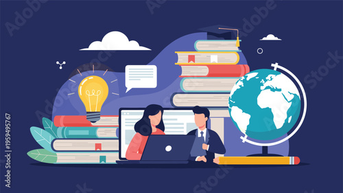 Advanced higher education and global research concept showing a student team at a laptop with a giant world globe and academic books.