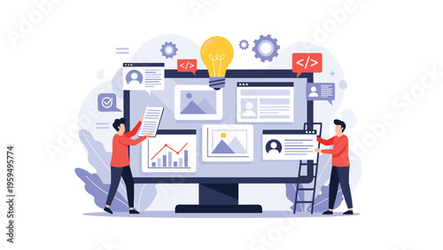 Web development team building an interface on a large monitor using different layout components and creative icons.