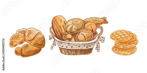 Hand drawn vintage sketch of bakery set with bread basket buns croissant and cookies isolated food illustration