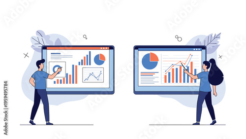 Comparative data analysis and business monitoring with people examining various charts on digital dashboard screens.