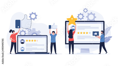 Customer satisfaction concept with people holding positive feedback symbols like thumbs up and stars near laptops.