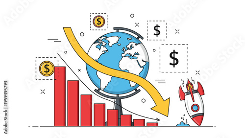 Global economic decline concept illustrating a falling financial chart, crashing rocket, and descending world globe.