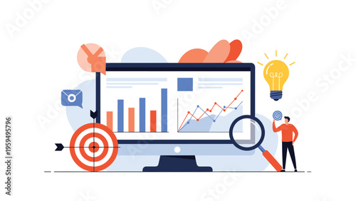 Business strategy concept featuring target goals, creative ideas, and data analytics on a modern desktop computer.