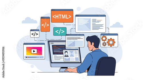 Software developer working on website programming and interface design with various coding language windows and media elements.