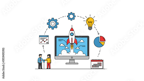 Innovative startup launch concept showing a rocket flying out of a monitor with business growth, strategy, and teamwork icons.