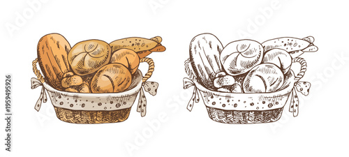 Hand drawn vintage sketch of assorted bread basket with buns loaf baguette in color and monochrome versions