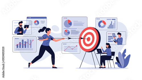 Business leader shooting an arrow at a target representing goal achievement amidst data analysis and team collaboration screens.