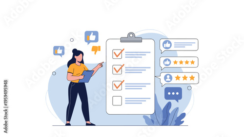 Businesswoman checking customer feedback and satisfaction ratings on a large clipboard with checklist items and review icons.