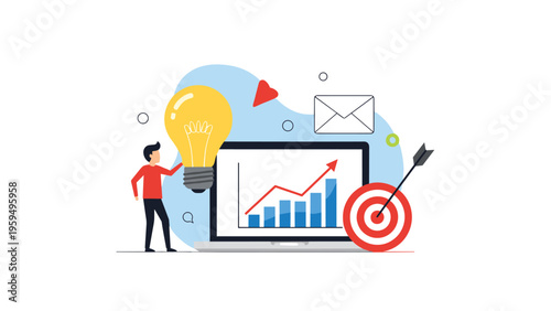 Innovative entrepreneur holding a giant lightbulb of inspiration next to a laptop displaying successful business growth charts.