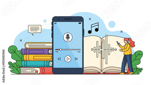 Modern digital education concept featuring a smartphone playing a podcast next to stacks of books and an interactive waveform page.