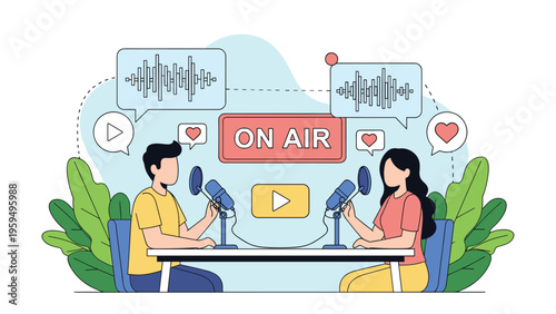 Professional radio hosts recording an engaging podcast episode in a studio with high quality microphones and live broadcast equipment.