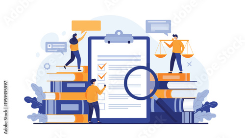 Law firm team conducting legal research and case analysis using stacks of law books, scales of justice, and a large document checklist.