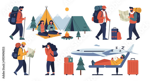 Travel and Adventure Illustration Set: Hikers, Campers, and Tourists with Backpacks, Maps, and Luggage