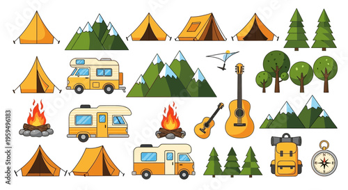 Camping and Outdoor Adventure Icon Set: Tents, RVs, Mountains, Campfires, and Hiking Gear Vector Illustrations