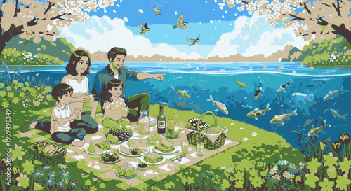 A family of four having a picnic on a grassy hill overlooking a serene lake with a scenic view of distant mountains and blooming trees.